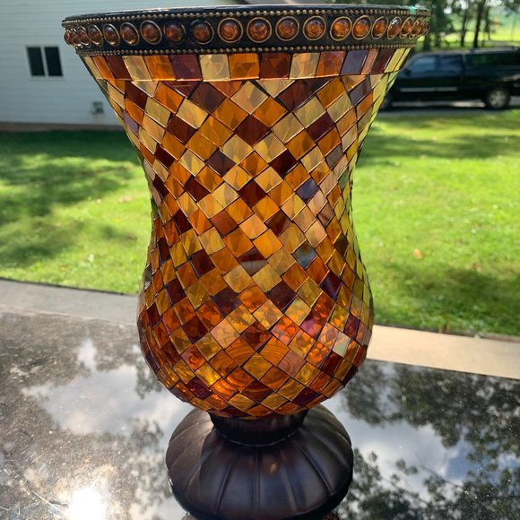 PartyLite Candle Holder Gold Global Fusion Mosaic Hurricane Stained Glass Vase
